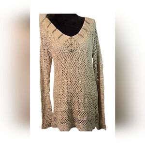 Vintage tan crochet sweater v neck long sleeve cream lining xl